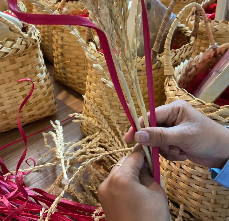 Earthy gift hamper with warm brown and tan woven basket – TheBFactory lifestyle shot